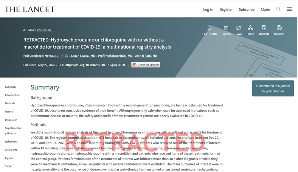 Lancet hydroxychloroquine study retracted